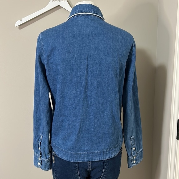 MAJE Denim Long Sleeve Pearl Button Front Top Shirt Jacket Womens Sz 2 Medium - Picture 7 of 14
